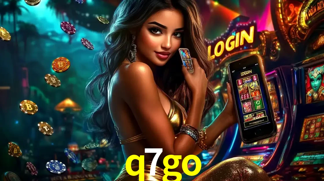 Mulher em um cenário de cassino temático de aventura, mostrando o app de caça-níqueis da q7go no celular. Fichas de apostas flutuam ao redor.