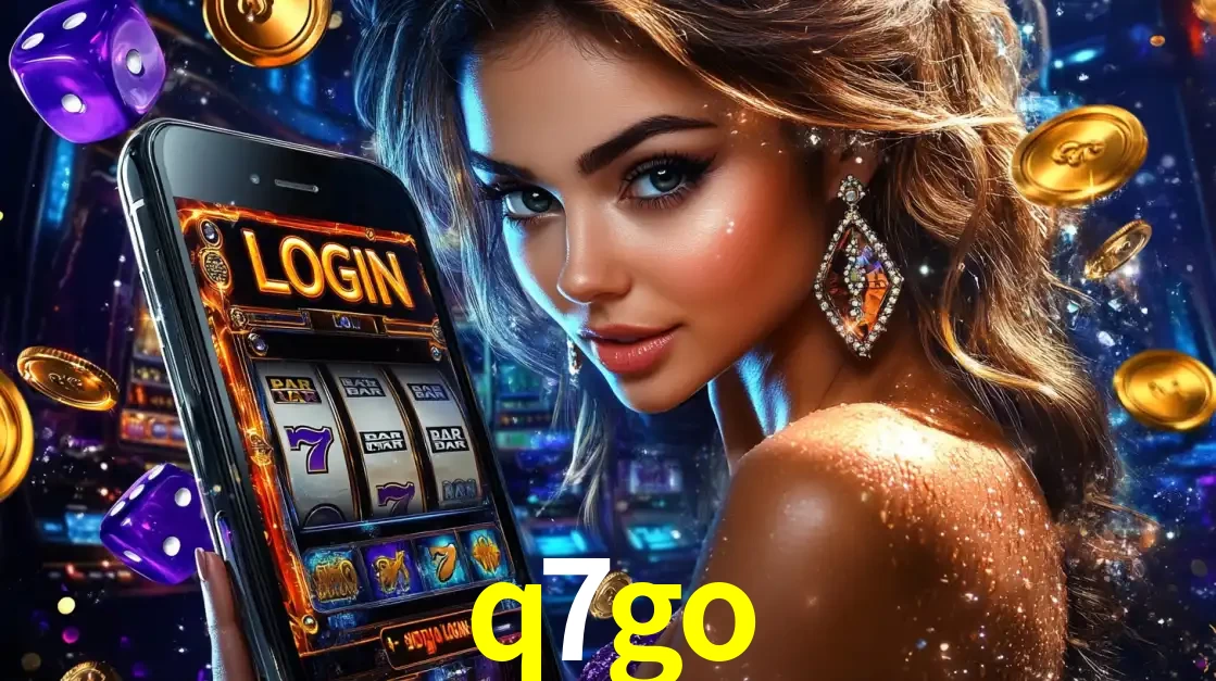 Mulher glamorosa segurando um smartphone com a tela de login para os jogos de caça-níqueis do cassino online q7go, com moedas de ouro e dados ao redor.